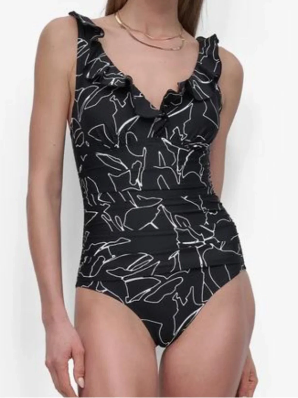 DKNY Ruffle Plunge Neck One Piece Swimsuit - Picture 16 of 16